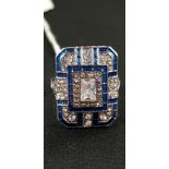 SILVER ART DECO STYLE GEOMETRIC BLUE ENAMEL & CZ RING