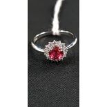 SILVER ROUND CUT SYNTHETIC RUBY & CZ RING