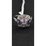 SILVER ART DECO STYLE CZ SOLITAIRE CLUSTER RING