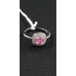 SILVER PINK TOPAZ & CZ SOLITAIRE CLUSTER RING