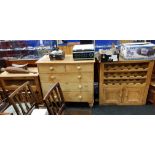 ANTIQUE PINE CHEST OF DRAWERS, WINE RACK AND TV STAND