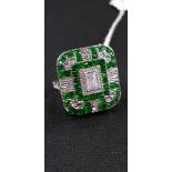 SILVER ART DECO STYLE GEOMETRIC GREEN ENAMEL & CZ RING