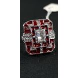 SILVER ART DECO STYLE GEOMETRIC RED ENAMEL & CZ RING