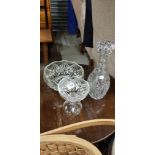 GLASS DECANTER AND VICTORIAN CUT GLASS BOWL WITH MATCHING INTERNAL/EXTERNAL STAND