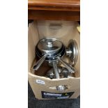 BOX OF COOKING POTS