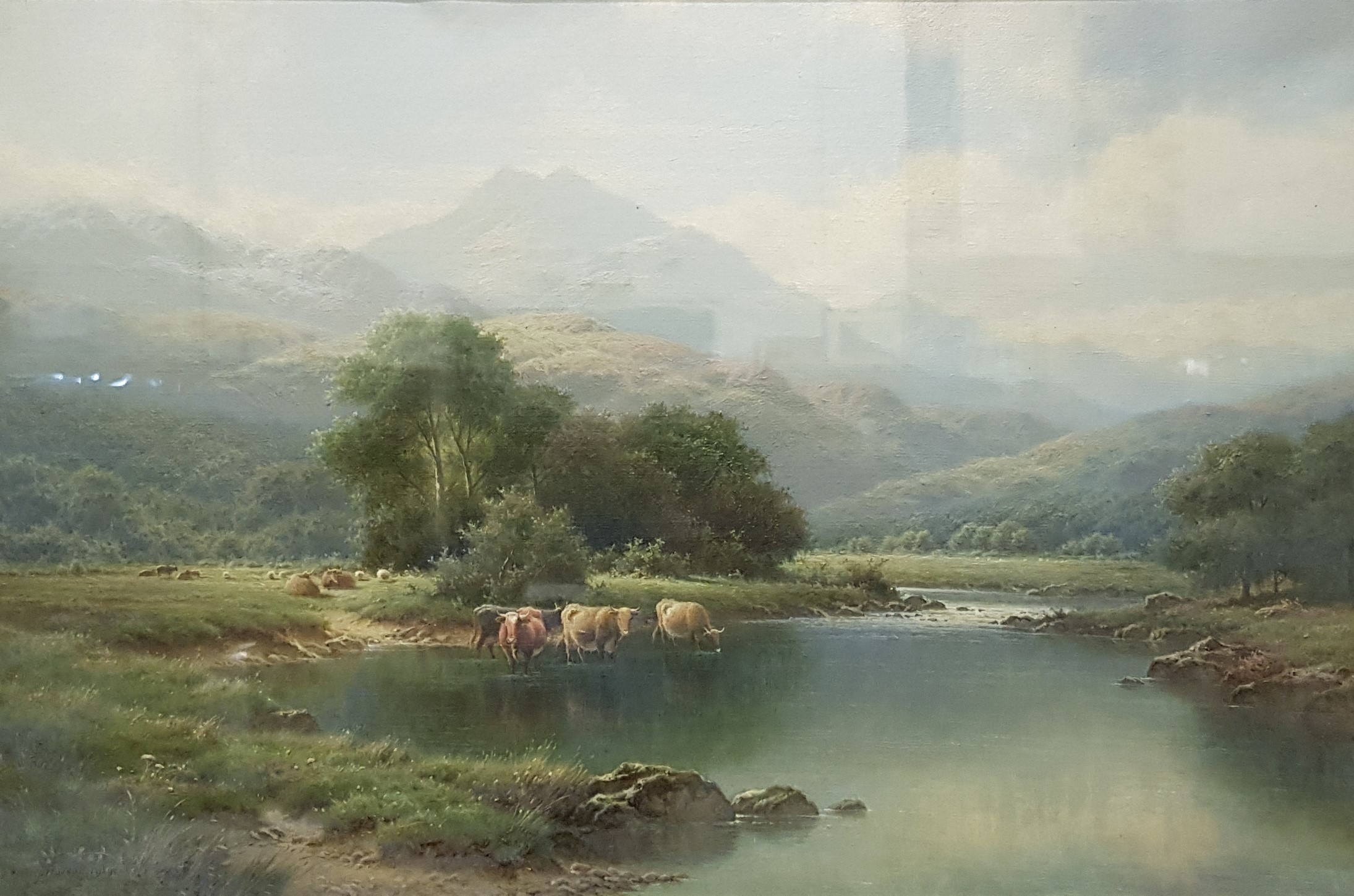 WALTER J WATSON - OIL - CATTLE AT THE WATERING HOLE