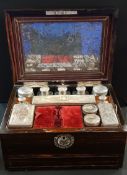 BEAUTIFUL VICTORIAN COROMANDEL WOOD TRAVELLING BOX AND CONTENTS