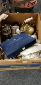 LARGE BOX LOT TO INCLUDE ANTIQUE BRASS KETTLE