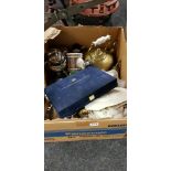 LARGE BOX LOT TO INCLUDE ANTIQUE BRASS KETTLE