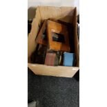 BOX OF ANTIQUE WOODEN CAMERA PARTS