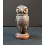 GORGEOUS VICTORIAN ARTS & CRAFTS PEWTER OWL SALT SHAKER ON VULCANITE PLYNTH