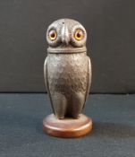 GORGEOUS VICTORIAN ARTS & CRAFTS PEWTER OWL SALT SHAKER ON VULCANITE PLYNTH