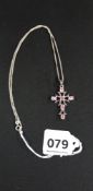 SILVER PINK CRYSTAL CROSS ON CHAIN
