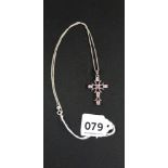 SILVER PINK CRYSTAL CROSS ON CHAIN