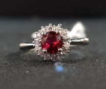 SILVER SYNTHETIC RUBY & CZ SOLITAIRE CLUSTER RING