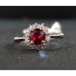 SILVER SYNTHETIC RUBY & CZ SOLITAIRE CLUSTER RING