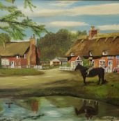 LARGE SIGNED OIL ON BOARD 'THE VILLAGE POND'