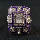 SILVER ART DECO STYLE GEOMETRIC CZ & PURPLE ENAMEL RING