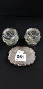 SILVER COMPACT & 2 SILVER RIMMED GLASS JARS