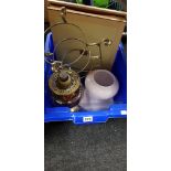 BOX LOT TO INCLUDE OIL LAMP, CUT GLASS AND PICTURES