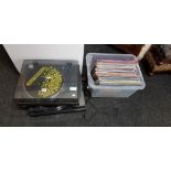 2 DIRECT DRIVE TURNTABLES AND LARGE BOX OF VINYL