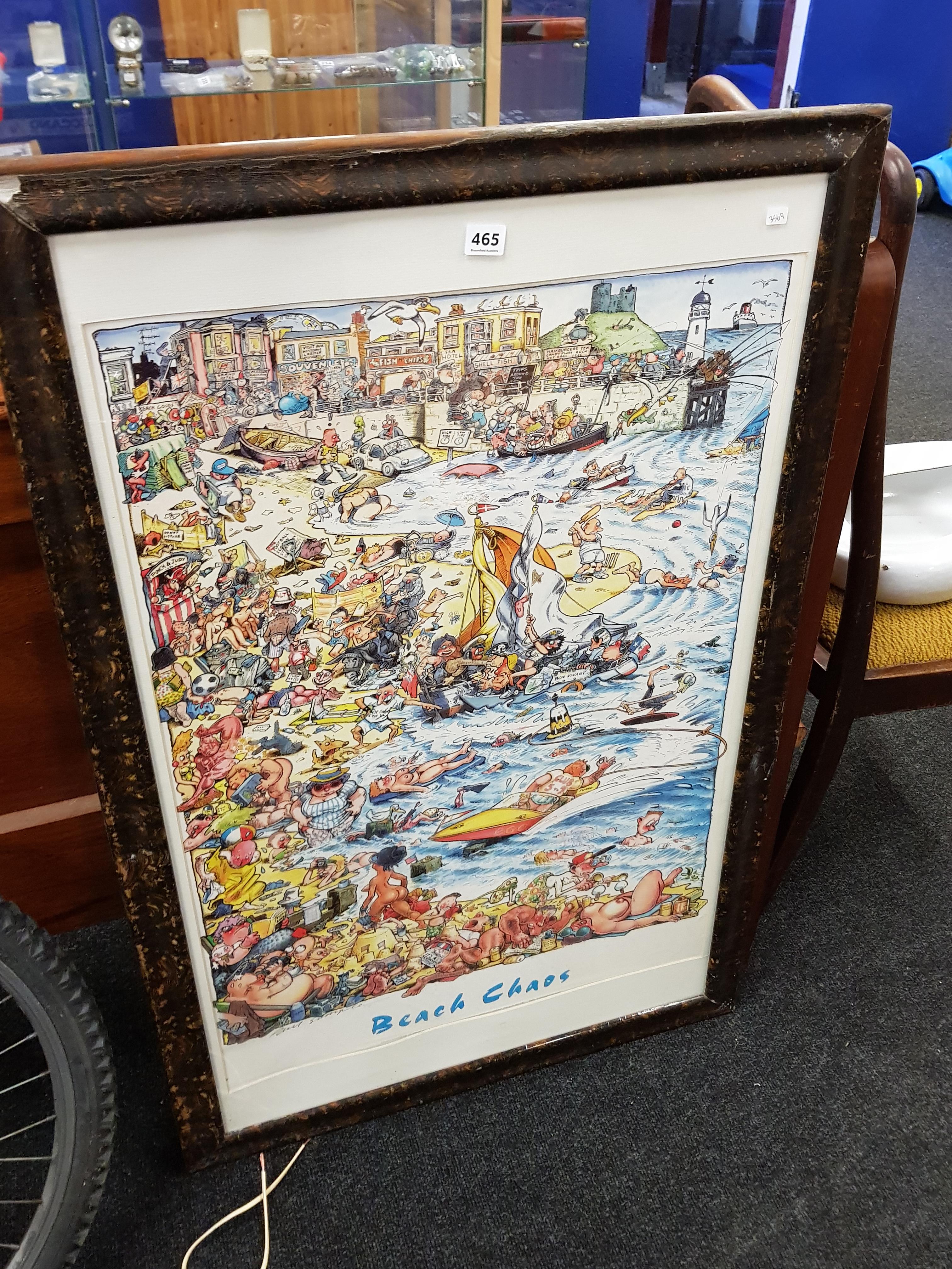 PAUL SAMPLE CARTOONIST LARGE FRAMED COLOURED PRINT BEACH CHAOS