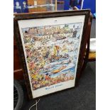 PAUL SAMPLE CARTOONIST LARGE FRAMED COLOURED PRINT BEACH CHAOS