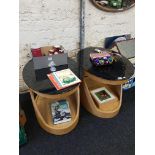 PAIR OF RETRO STYLE BLACK GLASS TOPPED TABLES