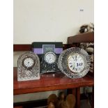 SHELF LOT CRYSTAL CLOCKS AND CANDLE STICK