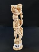 ANTIQUE CARVED AND SIGNED ORIENTAL FIGURE