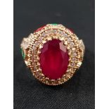 FANCY RUBY AND GEM SET RING CENTRE RUBY MEASURES APPROX 5CT