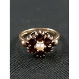 9CT GARNET AND PEARL RING