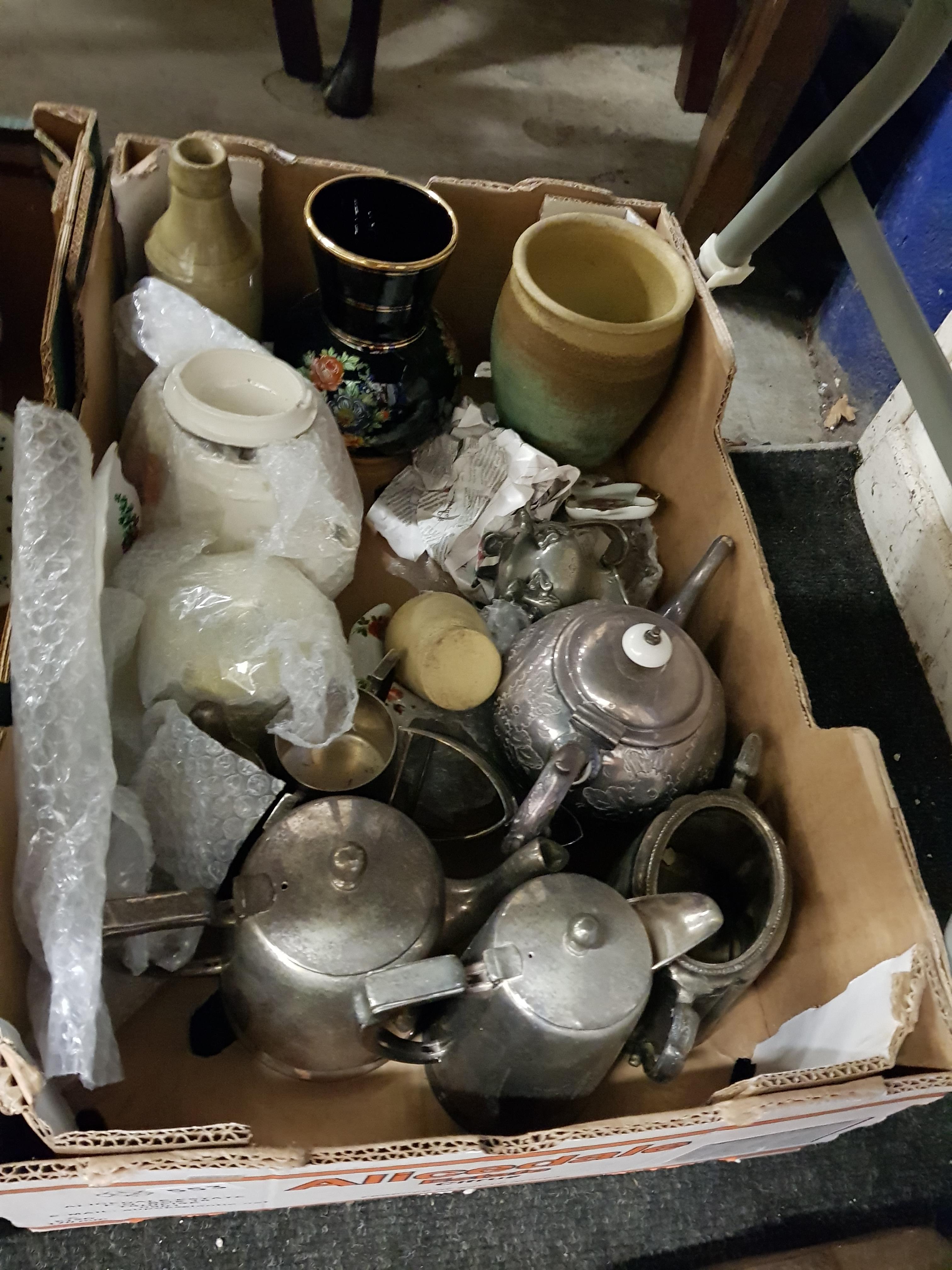 BOX LOT TO INCLUDE EPNS TEASET, STONE BOTTLES, JARS AND VASES ETC