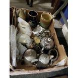 BOX LOT TO INCLUDE EPNS TEASET, STONE BOTTLES, JARS AND VASES ETC