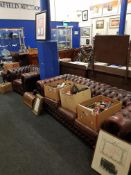 BROWN BUTTON BACK LEATHER SOFA & CHAIR & WINGBACK ARMCHAIR