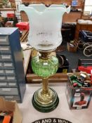 ANTIQUE OIL LAMP WITH GREEN BOWL AND GREEN TINTED SHADE