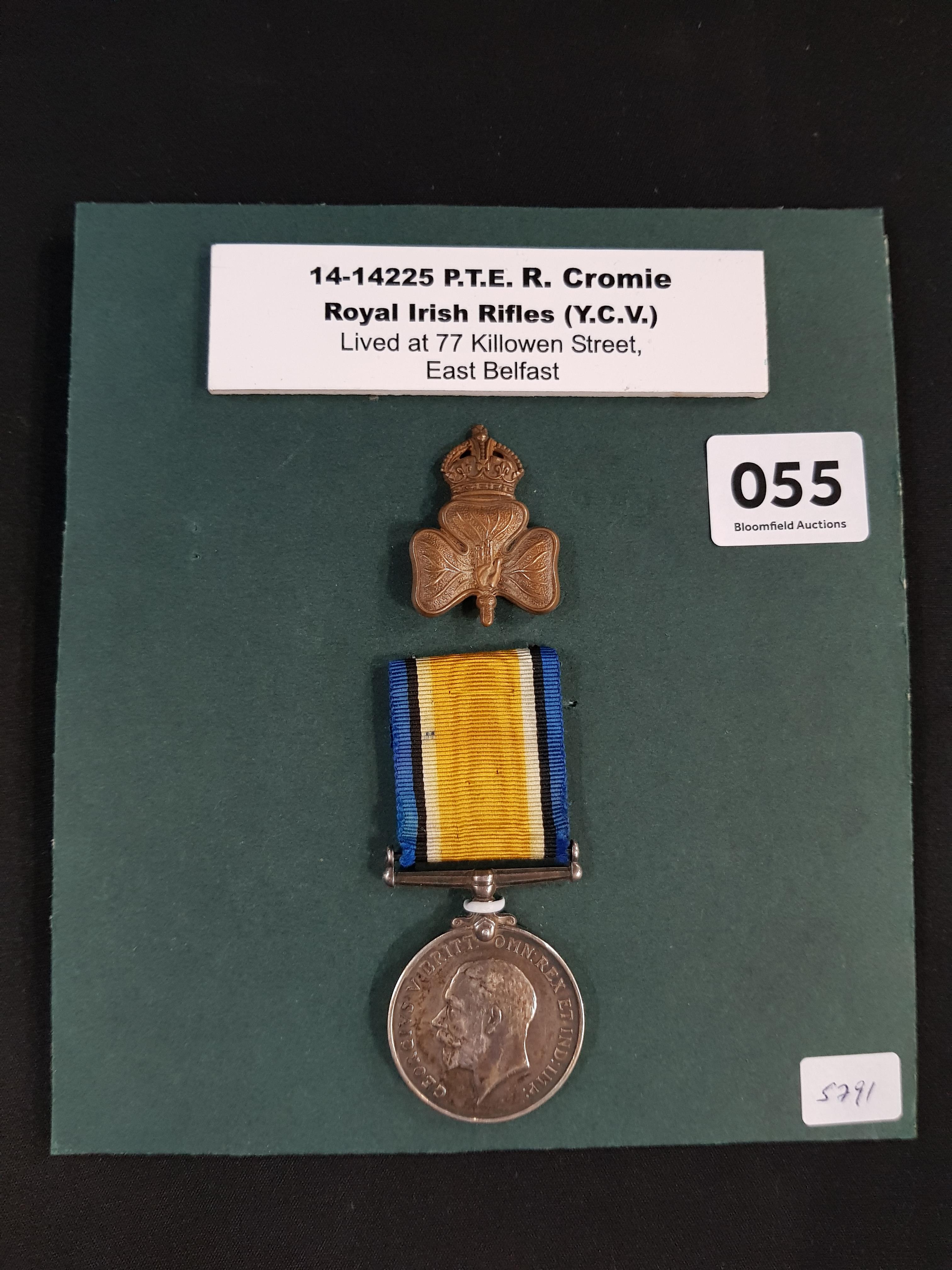 WW1 MEDAL - 14-14225 P.T.E R.CROMIE RIR (Y.C.V) LIVED AT 77 KILLOWEN STREET, WOODSTOCK ROAD, EAST