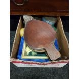 BOX OF TINS AND BELLOWS