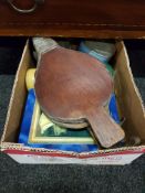 BOX OF TINS AND BELLOWS