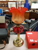 ANTIQUE OIL LAMP WITH RED BOWL & SHADE A/F