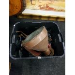 2 COPPER CONES AND BOX OF TOOLS