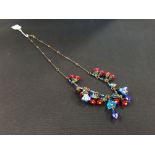 LOVELY CZECH RED & BLUE GLASS FLOWER 11" NECKLACE