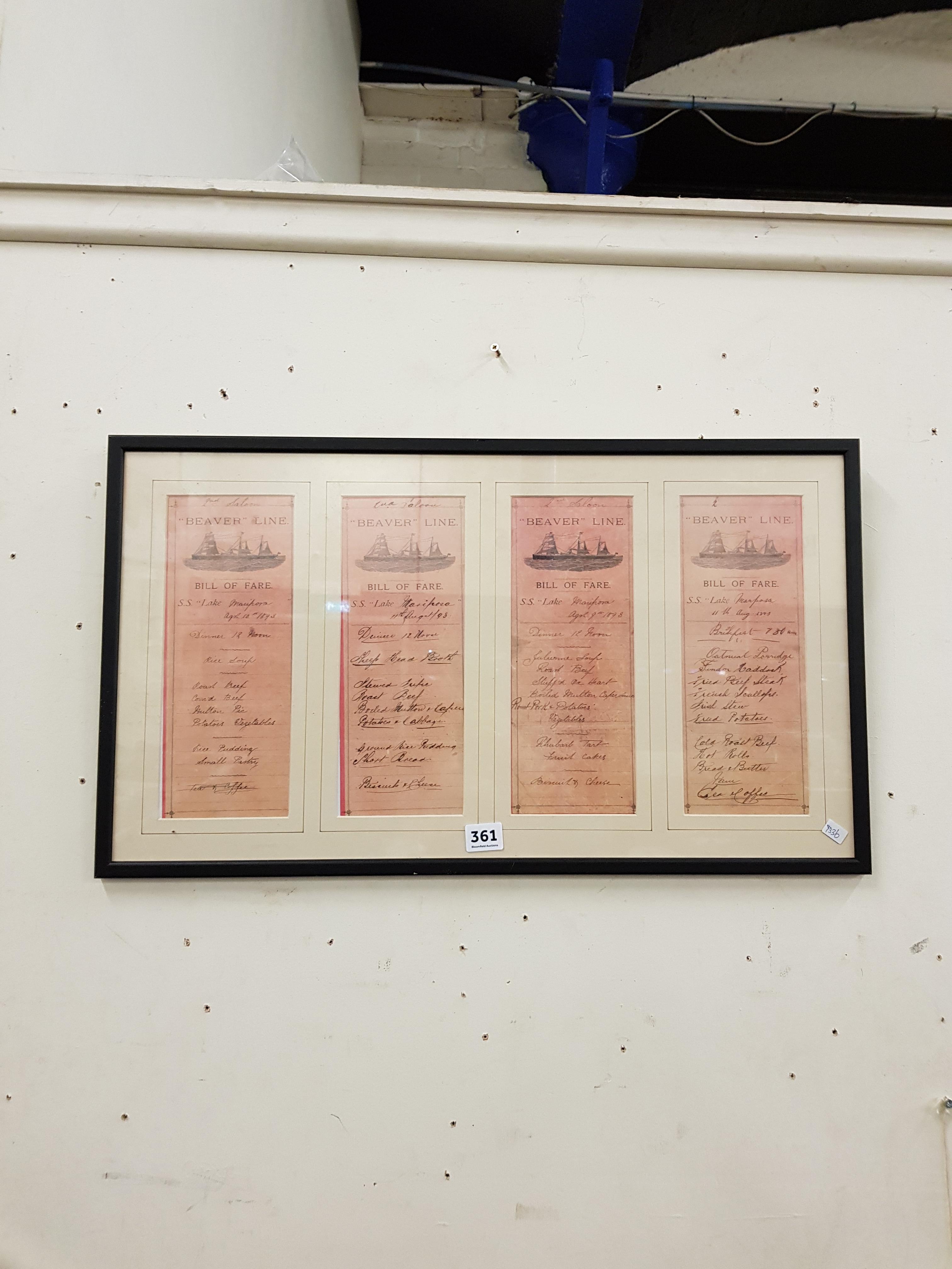 FRAMED 1893 4 BILL OF FARE MENUS FOR BEAVER LINE SS LAKE MARIPOSA DINNER SITTINGS