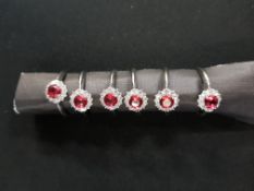 6 SILVER ANTIQUE STYLE SYNTHETIC RUBY & CZ RINGS