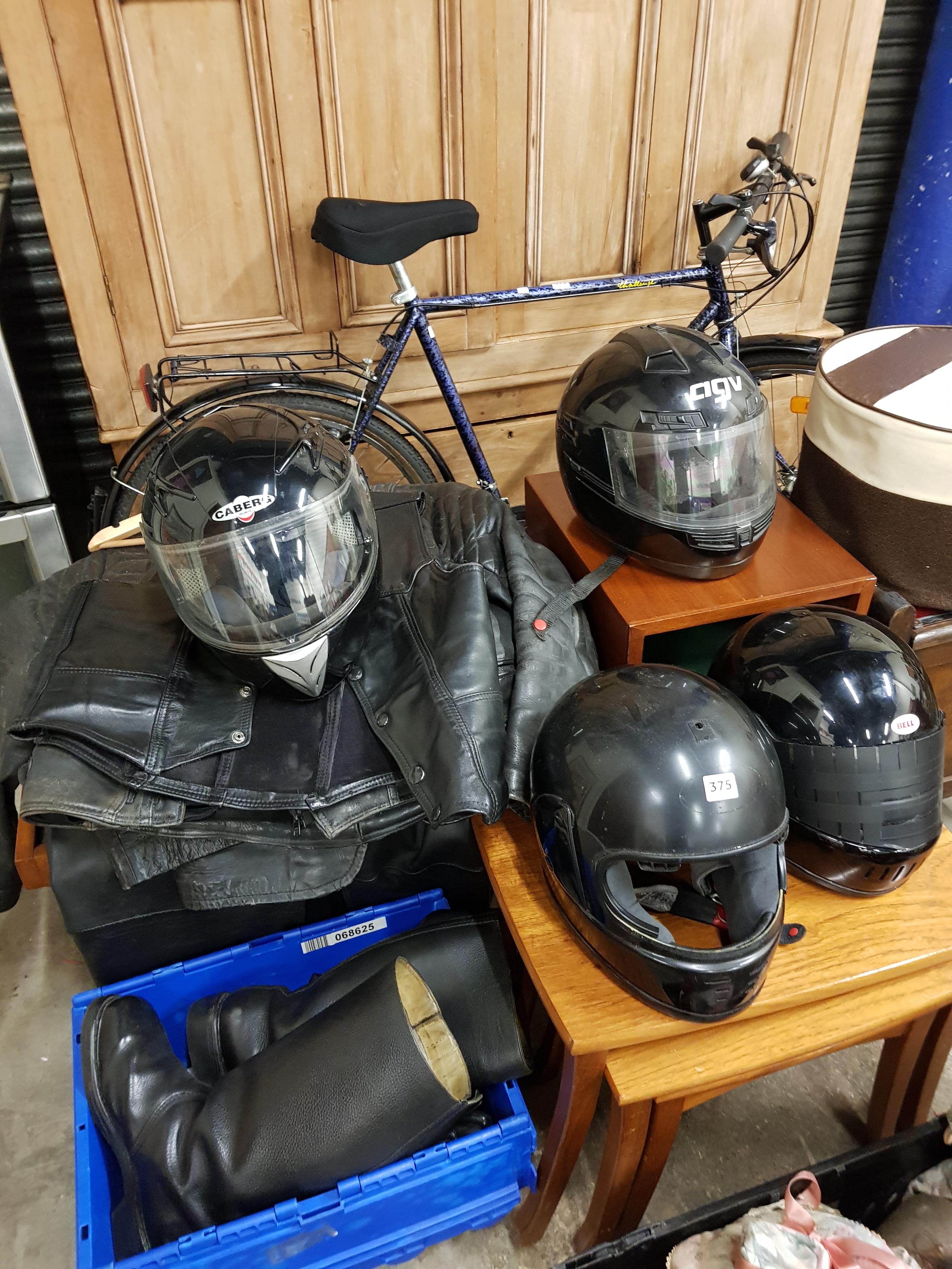 LARGE QUANTITY OF BIKER LEATHERS AND HELMETS ETC