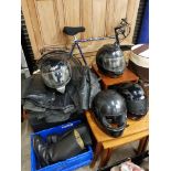 LARGE QUANTITY OF BIKER LEATHERS AND HELMETS ETC