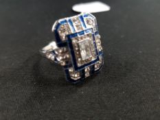 SILVER ART DECO STYLE BLUE ENAMEL & CZ SOLIATIRE CLUSTER RING