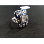 SILVER ART DECO STYLE BLUE ENAMEL & CZ SOLIATIRE CLUSTER RING