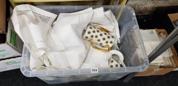 Large box lot of china, cutlery and linen etc