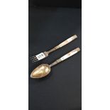 GILDED SILVER & MOTHER OF PEARL MILITARY SPOON AND FORK